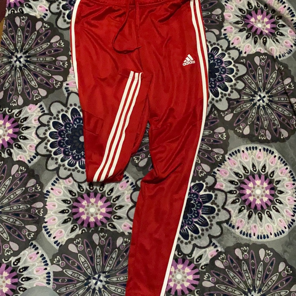 adidas red and white striped workout pants